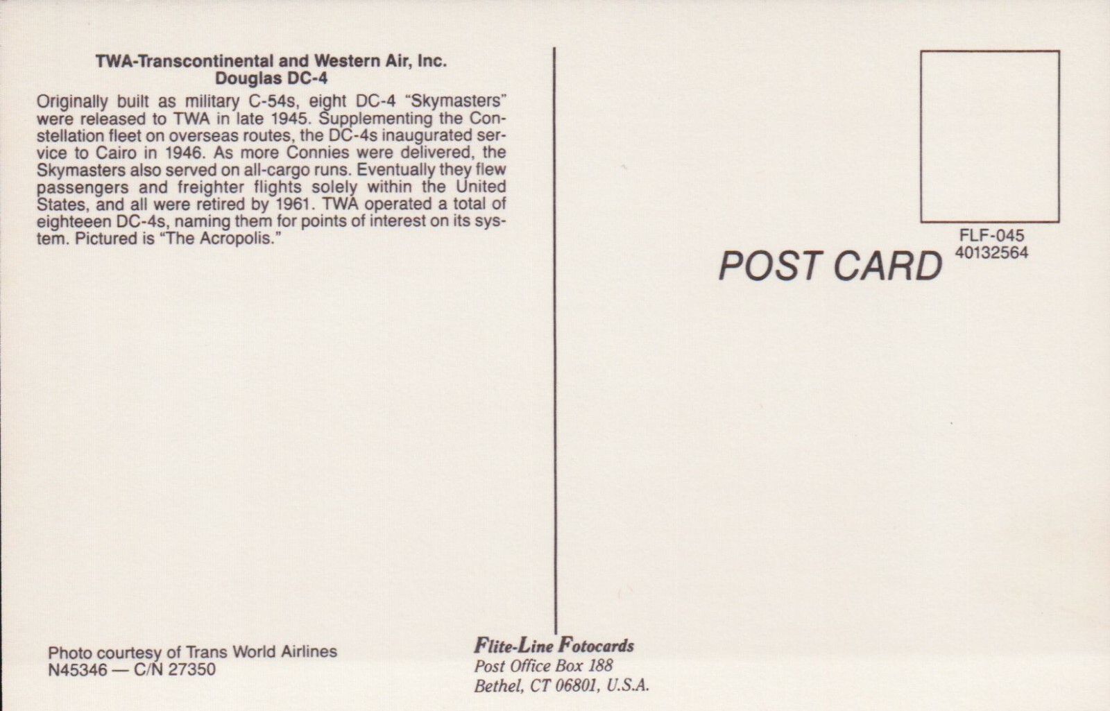 TWA Transcontinental & Western Douglas DC-4 Vintage Postcard