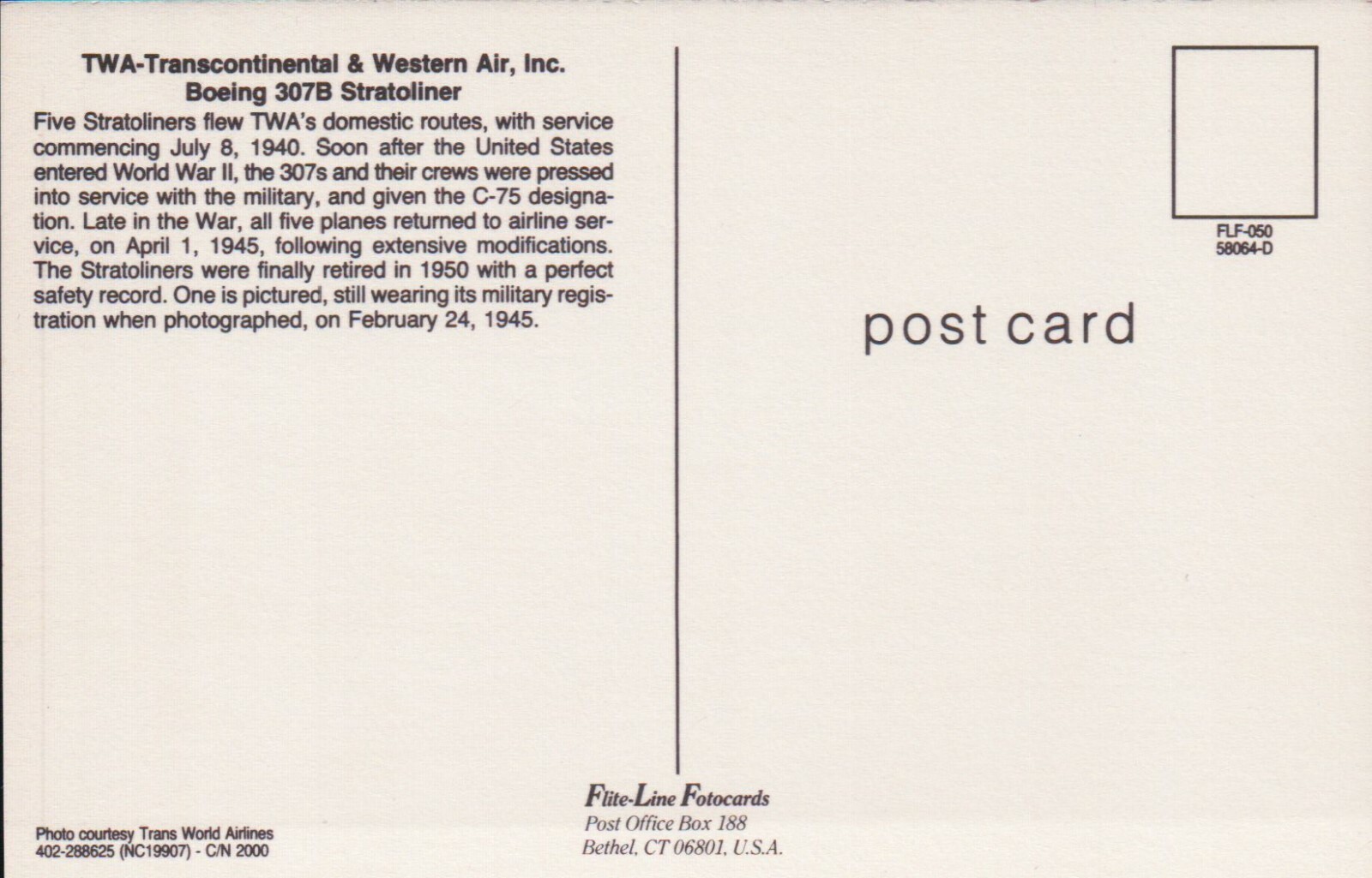 TWA Transcontinental & Western Air Inc., Boeing 307B Stratoliner Postcard
