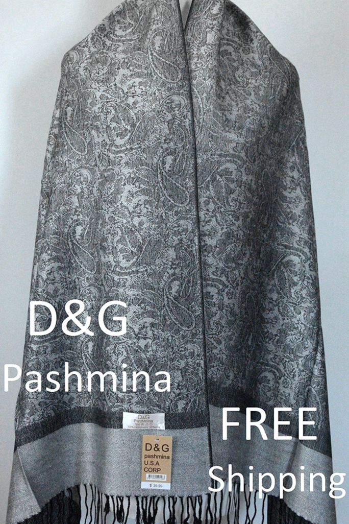 DG Women's Pashmina Scarf Shawl Wrap Paisley Black Silver 30%Silk 70%Cashmere
