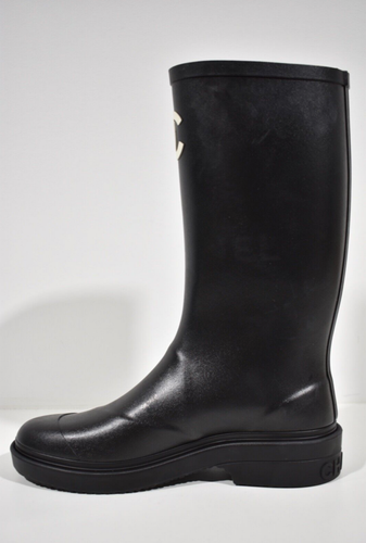 Pre-owned Chanel Rev Black White Caoutchouc Cc Logo High Pull On Rubber Rain Boots 42