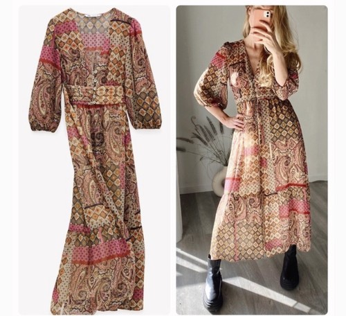 NWT.ZARA MULTICOLOURED PAISLEY PRINT MIDI DRESS WITH RUFFLED