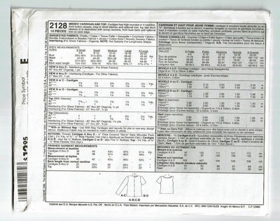 McCalls #2128 Cardigan and Top Pattern Sz 8-10 UC