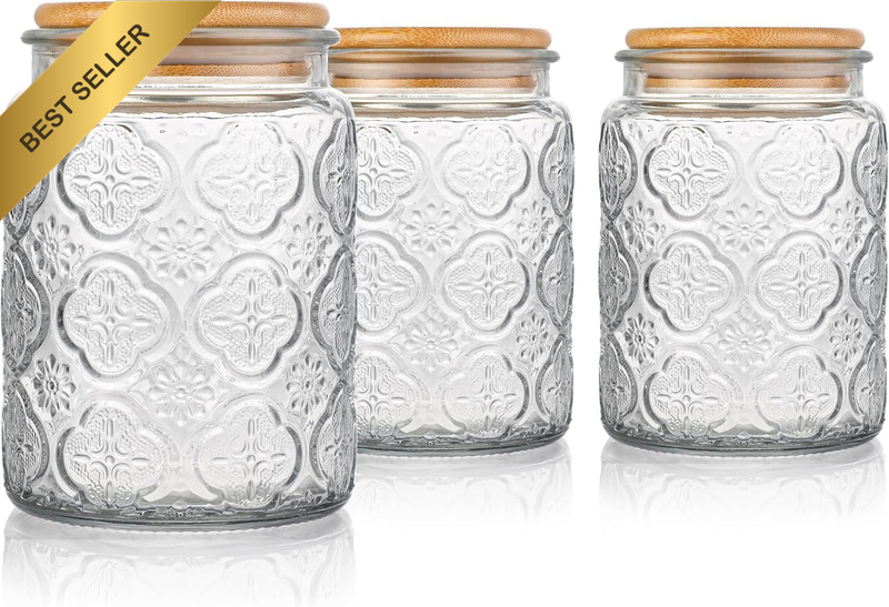 Set of 3 Glass Jars Clear Food Storage Airtight Pantry Containers