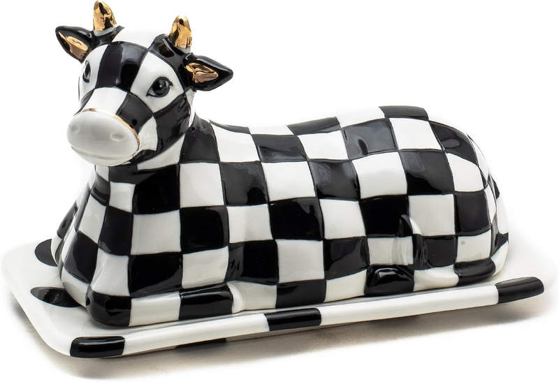 MACKENZIE-CHILDS Cow Creamery Butter Dish Black & White Cerami...