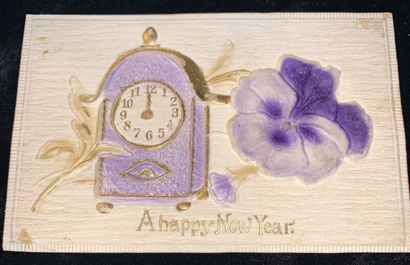 C1907 Heavily Embossed New Year Postcard , Raised Metal Clock , Felt Flower