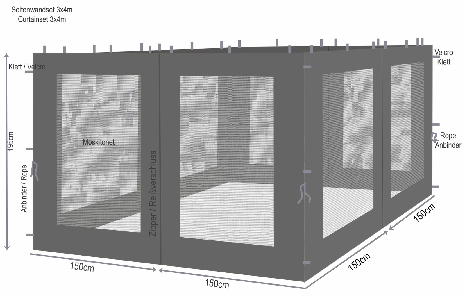 QUICK STAR 4 Seitenteile mit Moskitonetz Pavillon 3x3m Anthrazit RAL 7012