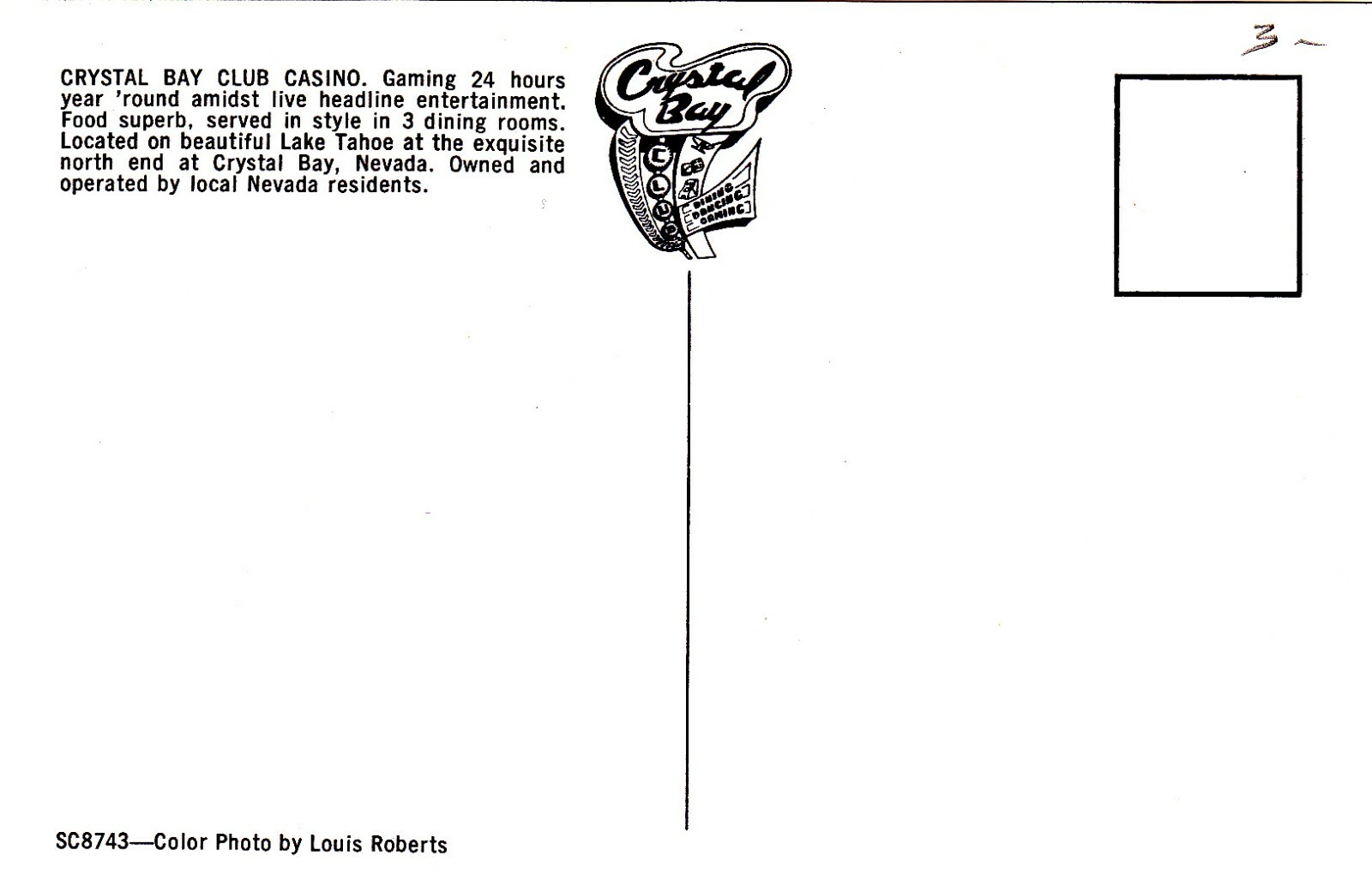 GREAT VIEW OF THE CRYSTAL BAY CLUB, CRYSTAL BAY, NEVADA POSTCARD