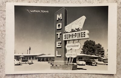 RPPC Postcard Lufkin Texas Iconic Sun-N-Pines Motel Restaurant Recent Demo Rt 69