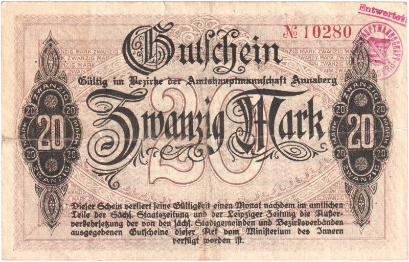 [#328352] Allemagne, Annaberg Amtshauptmannschaft, 20 Mark, 1918-11-01, Sup+