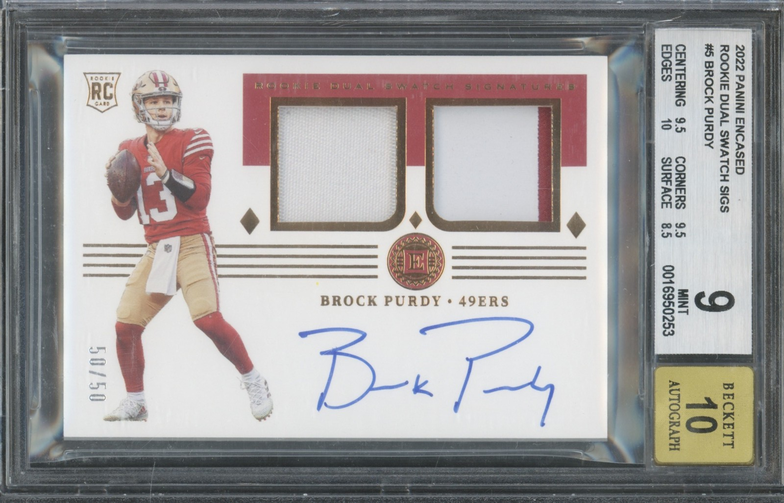 2022 Panini Encased #5 Brock Purdy 50/50 Dual Patch RC Mint BGS 9 10 Auto