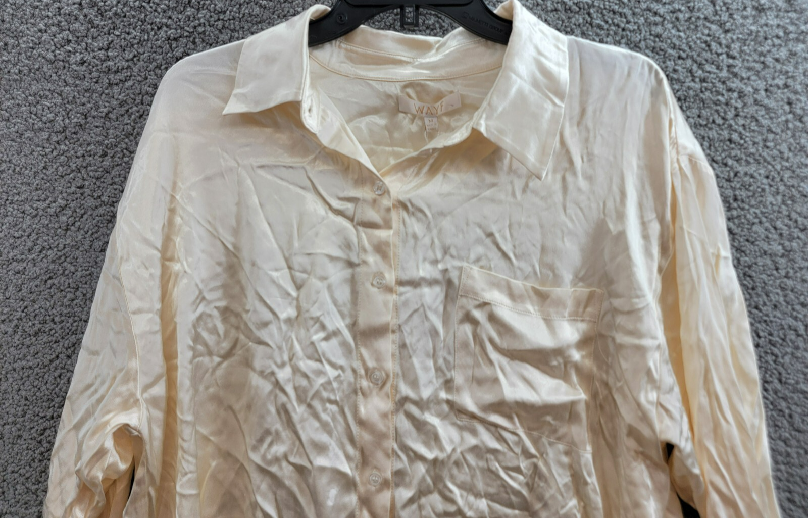 WAYF Fynn Satin Button Front Blouse Women's M Cream Patch Pocket Long Sleeve - Picture 3 of 19