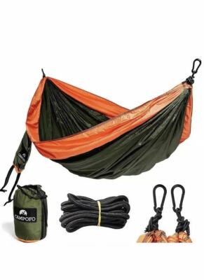 CAMPFO DOUBLE CAMPING HAMMOCK, PORTABLE LIGHTWEIGHT PARACHUTE NYLON HAMMOCK NEW!