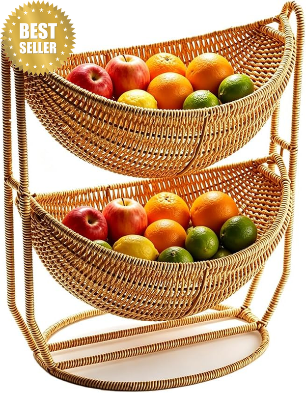 Handwoven Rattan Fruit Basket,Vintage Rattan Bread Bowl,Wicker Fruit Storage Bow