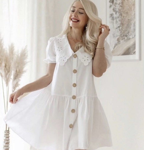 Zara Women Poplin Dress With Guipure Trim White 1971/062