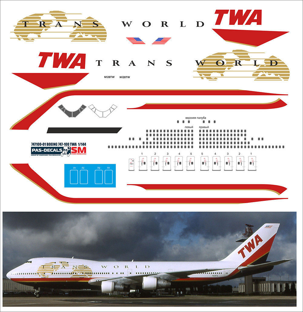 1/144 PAS-DECALS Boeing 747-100 01 TWA Trans World new