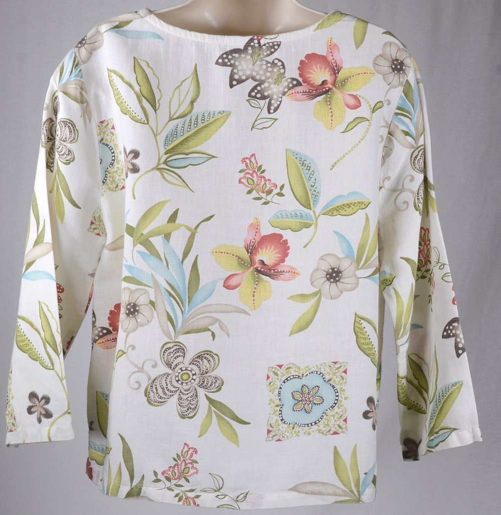 Designer Marc.Ware Cream with Tan Floral Flowers Linen Shirt Women's Size Medium