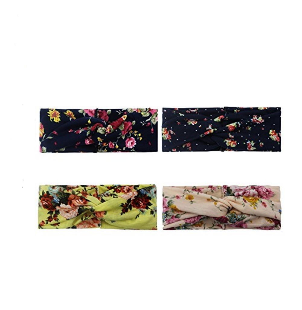 4-Pack Floral Print Turban Headbands - Women's Elastic Twisted Hair Bands