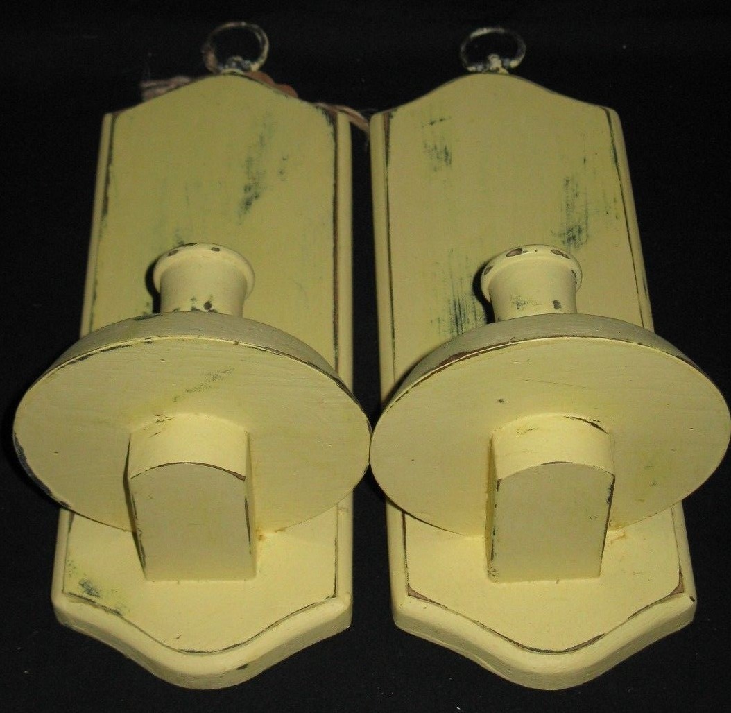 Pair Vintage YELLOW Shabby Chic Farmhouse Distressed Wood Candle Sconces