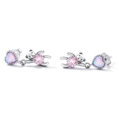  925 Sterling Silver Bear Stud Earrings Heart  Opal Stone