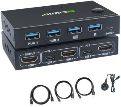 AIMOS KVM Switch, 2 In 1 Out Umschalter Aktie Monitor Maus Tastatur HDMI Switch