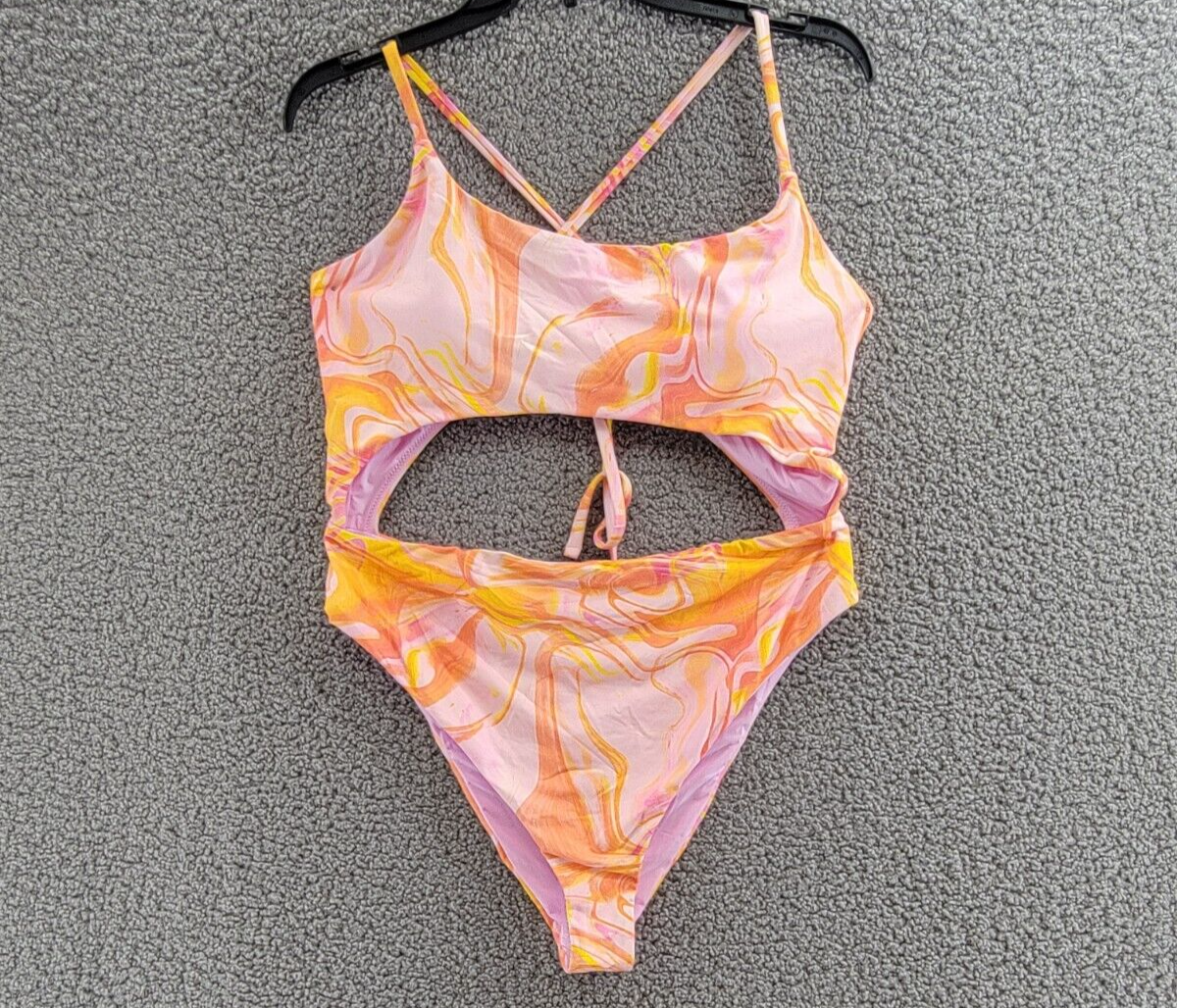 AQUA Swirl Print Cutout One Piece Swimsuit Women's XL Pink Multi Tie Closure~ - Picture 2 of 14