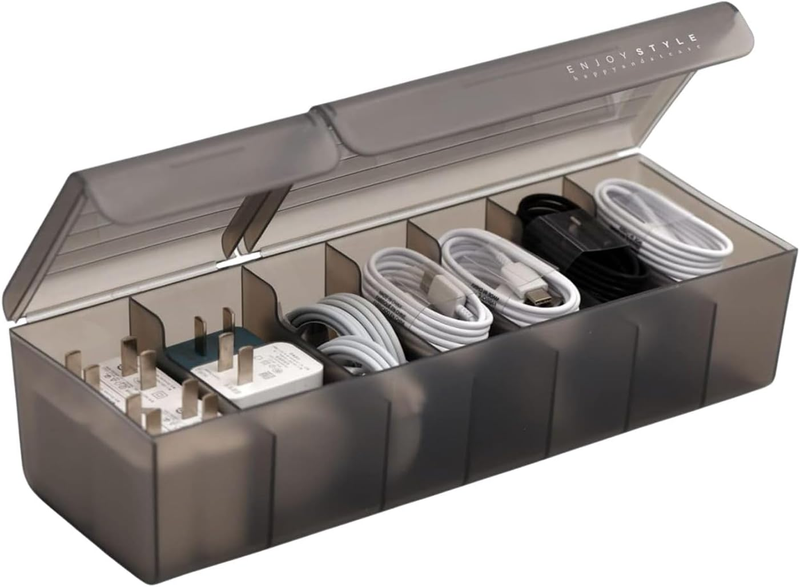 7 Compartment Cable Organizer Box, Double-Opening Lid Cable Management Box, Desk