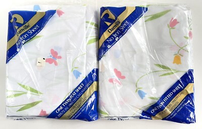 Vtg Twin Sheet Flat/Fitted Set Floral Butterfly Danville NoIron Blend Single Bed