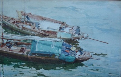 Original DONALD TEAGUE Hong Kong Boats in Harbor WATERCOLOR 1936 INSCRIPTION