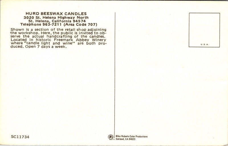 Hurd Beeswax Candles St Helena California CA Interior Postcard VTG UNP Vintage