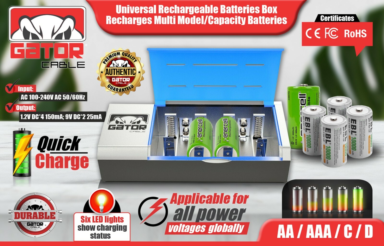 Rechargeable Batteries Charger Universal For AA AAA C D 9V Ni-MH Ni-CD Battery