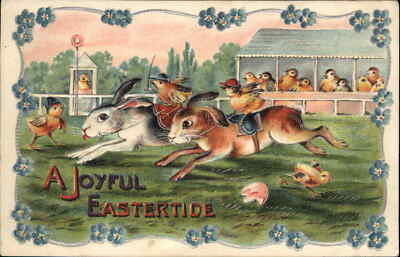 Easter Rabbits Racing Chick Jockeys Fantasy c1910 Vintage Postcard