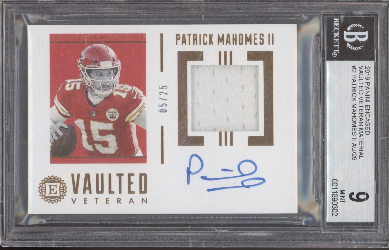 2019 Panini Encased #2 Patrick Mahomes II 5/25 Jersey Auto Mint BGS 9 10 Auto