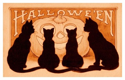 Vintage Halloween Scene # 453 Pumpkin Black Cats  Counted Cross Stitch Pattern
