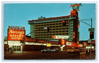 Postcard Harveys Resort Hotel c1960s Old Cars VW Bug Nevada State Line