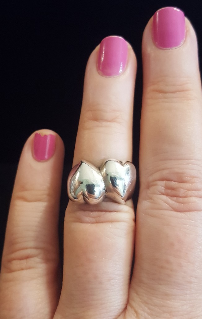 Sterling Silver DOUBLE PUFFED POLISHED HEARTS Ring, Sizeable 6.5