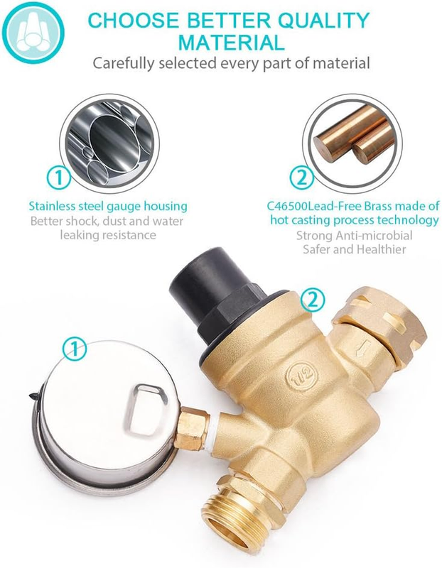 Water Pressure Regulator, Brass Lead-Free Adjustable Water Pressure Reducer with