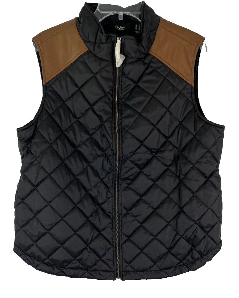 Du Jour Quilted Puffer Vest Faux Leather Trim Sz L Zip Front