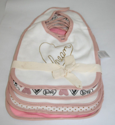 Sandy & Simon 5PC Baby Bib Set Pink/White/Gold Dream Love Polka Dots NWOT