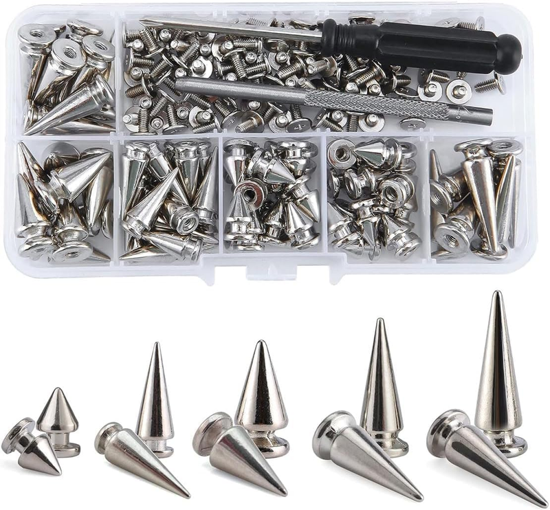 Punk Spikes and Studs Kit – 80 Sets with 4 Unique Styles, Silver Metal Cone Rive