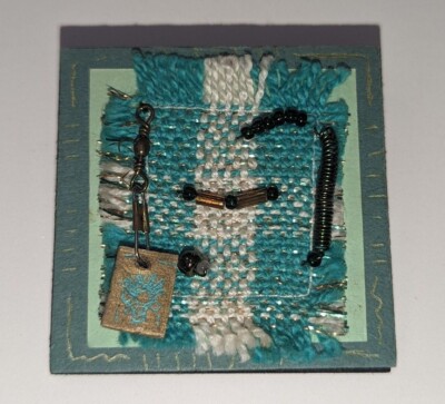 Handmade Woven Mixed Media Pin Brooch Fiber Art Teal Plaid with Copper Tone Wire