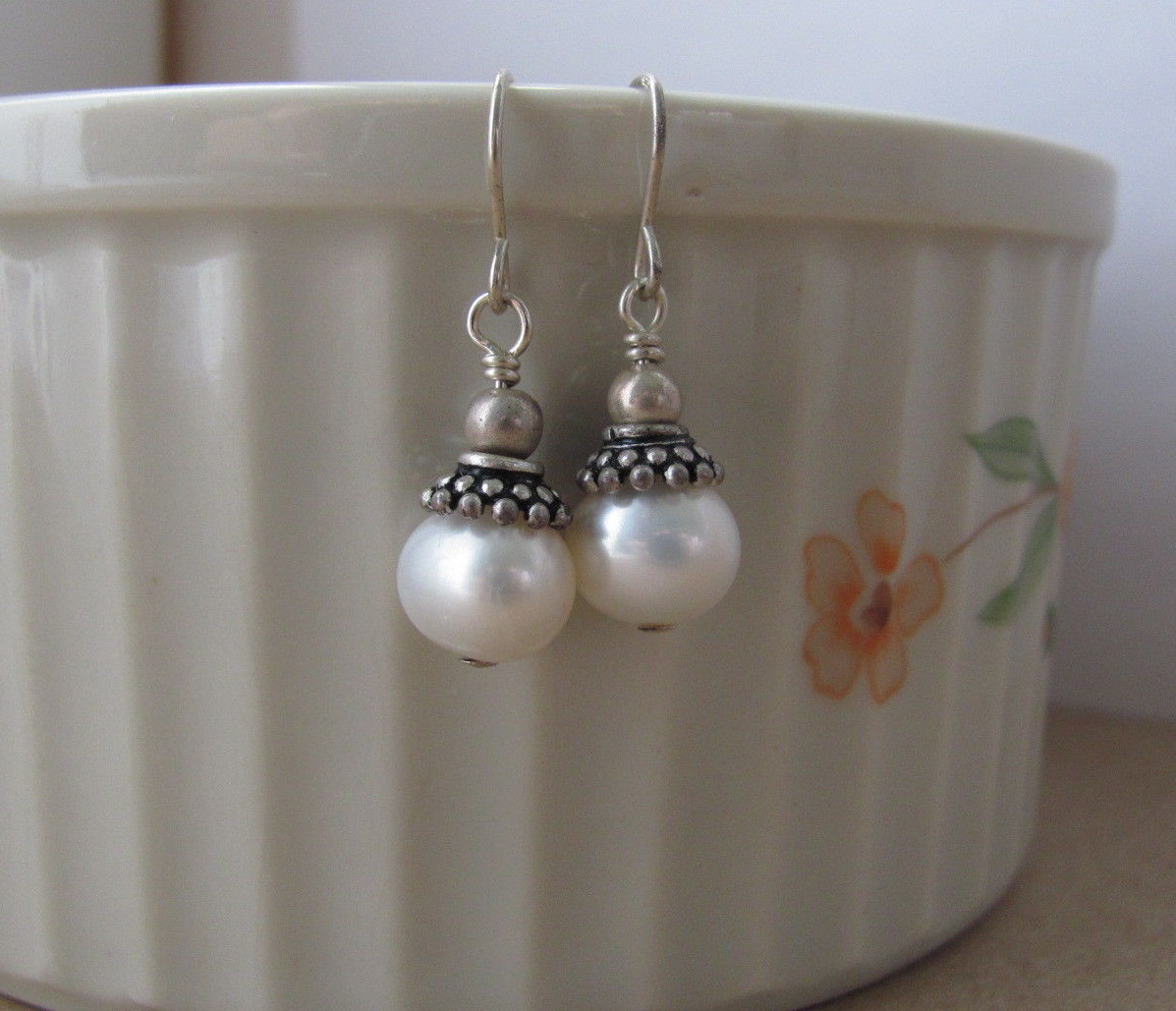 WHITE PEARL EARRINGS Sterling Silver Boho Bohemian Minimal Gift for Birthday