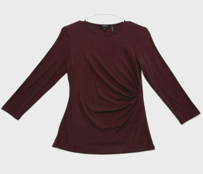 Theory Uotab Ribbed Viscose Top Womens Sz Medium Ruched Side 3/4 Sleeves Maroon