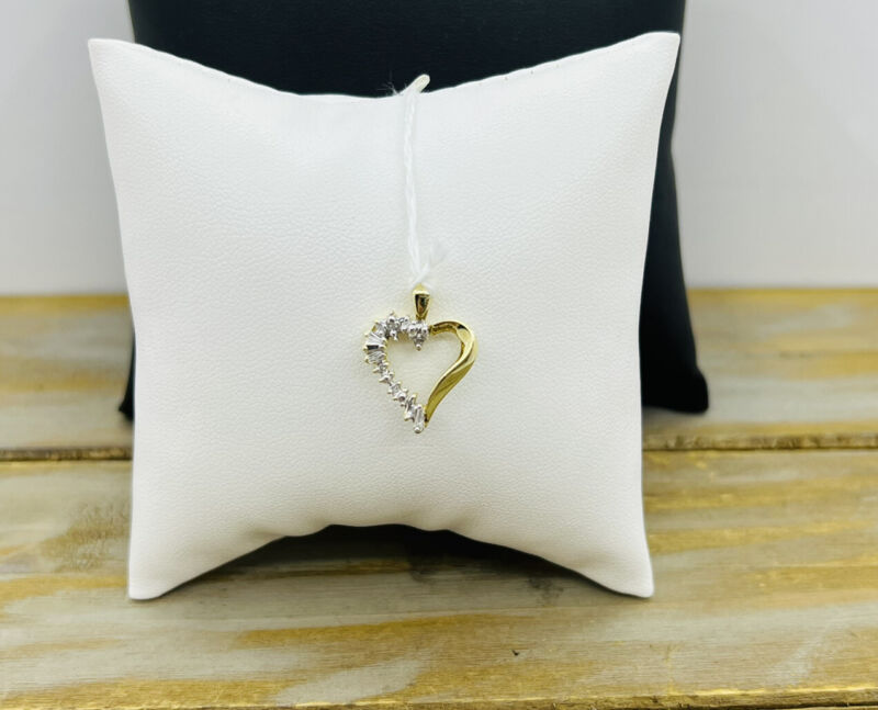 10kt Solid Yellow Gold .02ctw Natural Round & Baguette Diamond Heart Pendant
