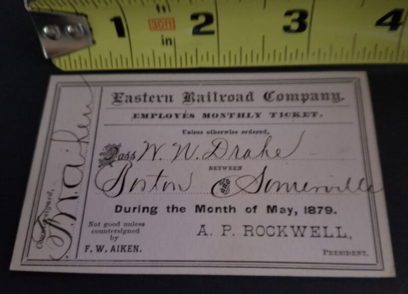 1879 Eastern Railroad Company Railroad Pass (Monthly Ticket)