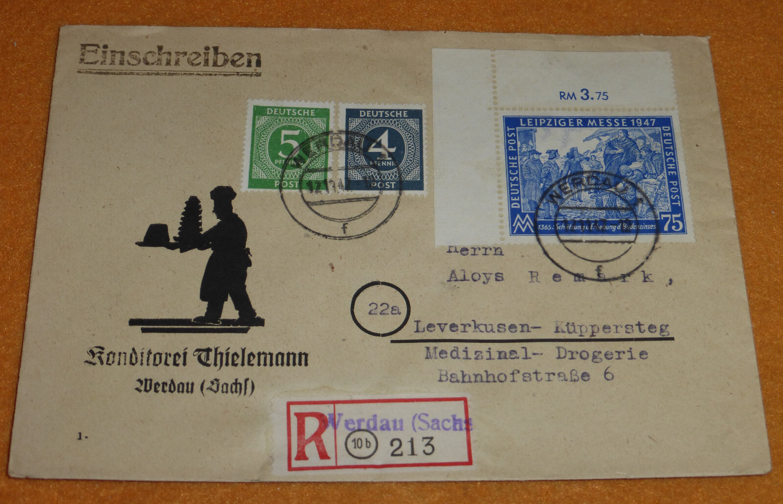 Konditorei Thielemann Werdau Drogerie Remark Leverkusen Bahnhof SBZ 1947 Eckrand