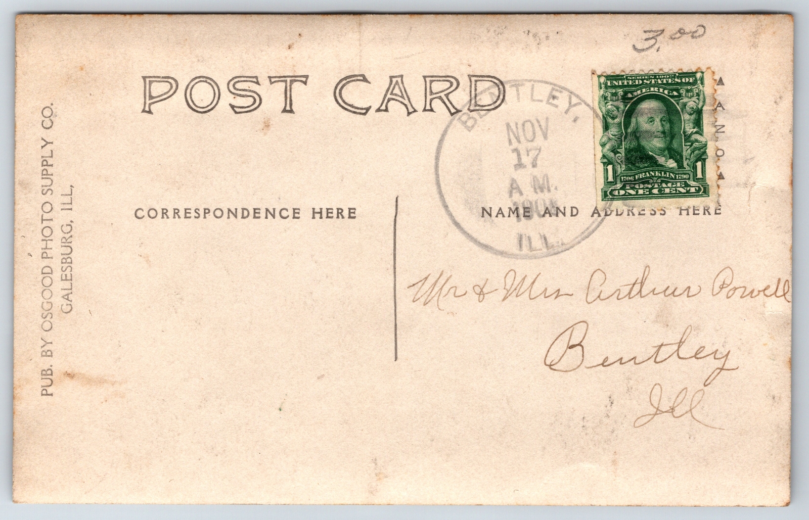 Bentley Man w/Wavy Hair in Chair~Mr & Mrs Arthur Powell RPPC Osgood of Galesburg