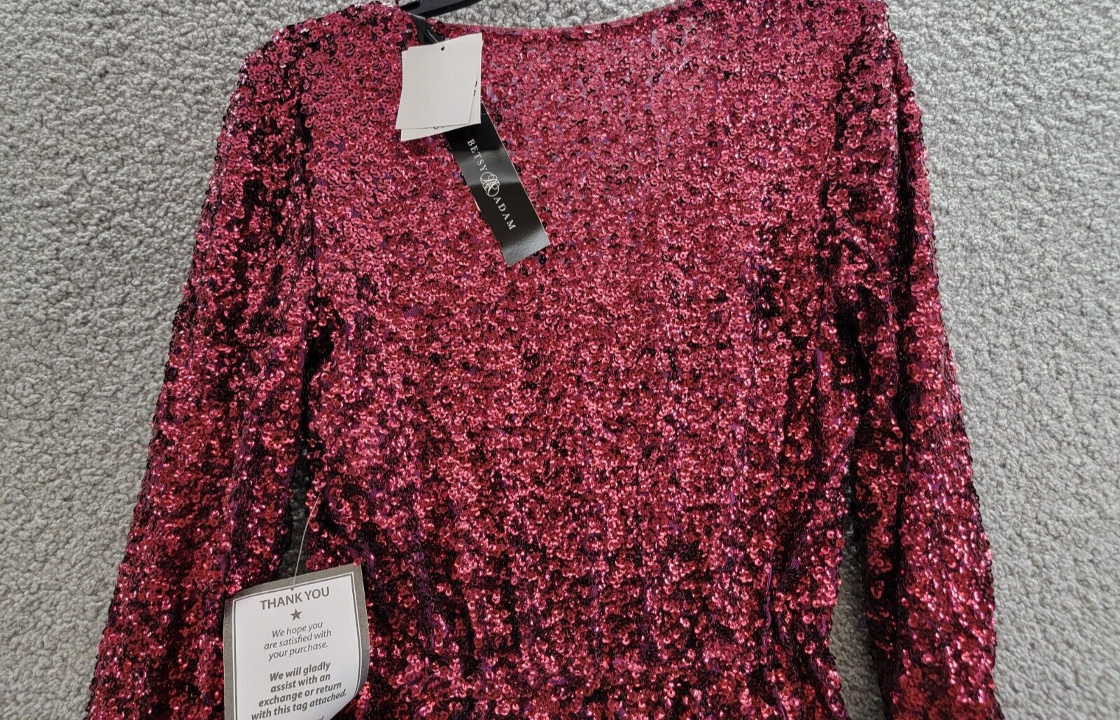 Betsy & Adam Sequin Belted Long-Sleeve Dress Women's 2 Plum V-Neck Snap Pullover - Picture 11 of 15
