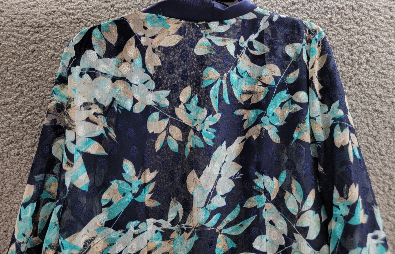 R & M Richards Floral Jacquard Jacket Womens 12 Blue Multi Open Front 3/4 Sleeve - Picture 13 of 16