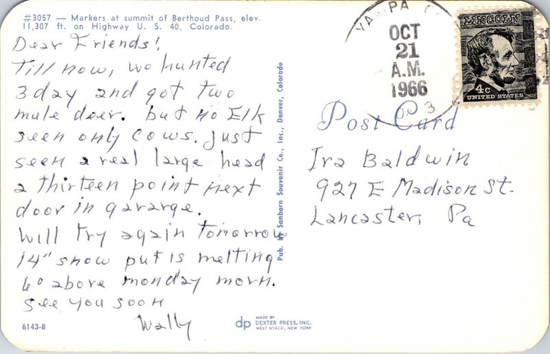 Markers Summit Berthoud Pass Hwy 40 Colorado CO Postcard PM Cancel WOB Note 4c