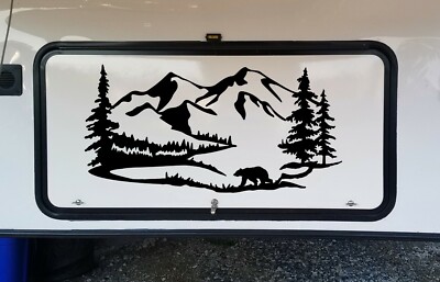 Bear Mountain Trees Scene Vinyl Decal V3 - Camper RV Graphics - Die Cut Sticker
